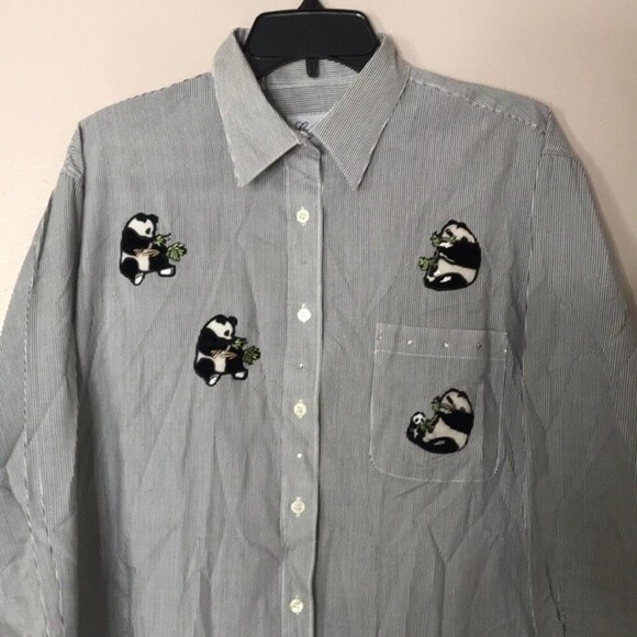 Get lucky button up striped long sleeve shirt with pandas embroidered large - Picture 2 of 13